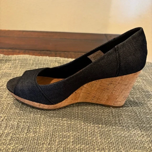 Toms Black Denim Stella Peep-Toe Cork Wedge Heels - Picture 8 of 13
